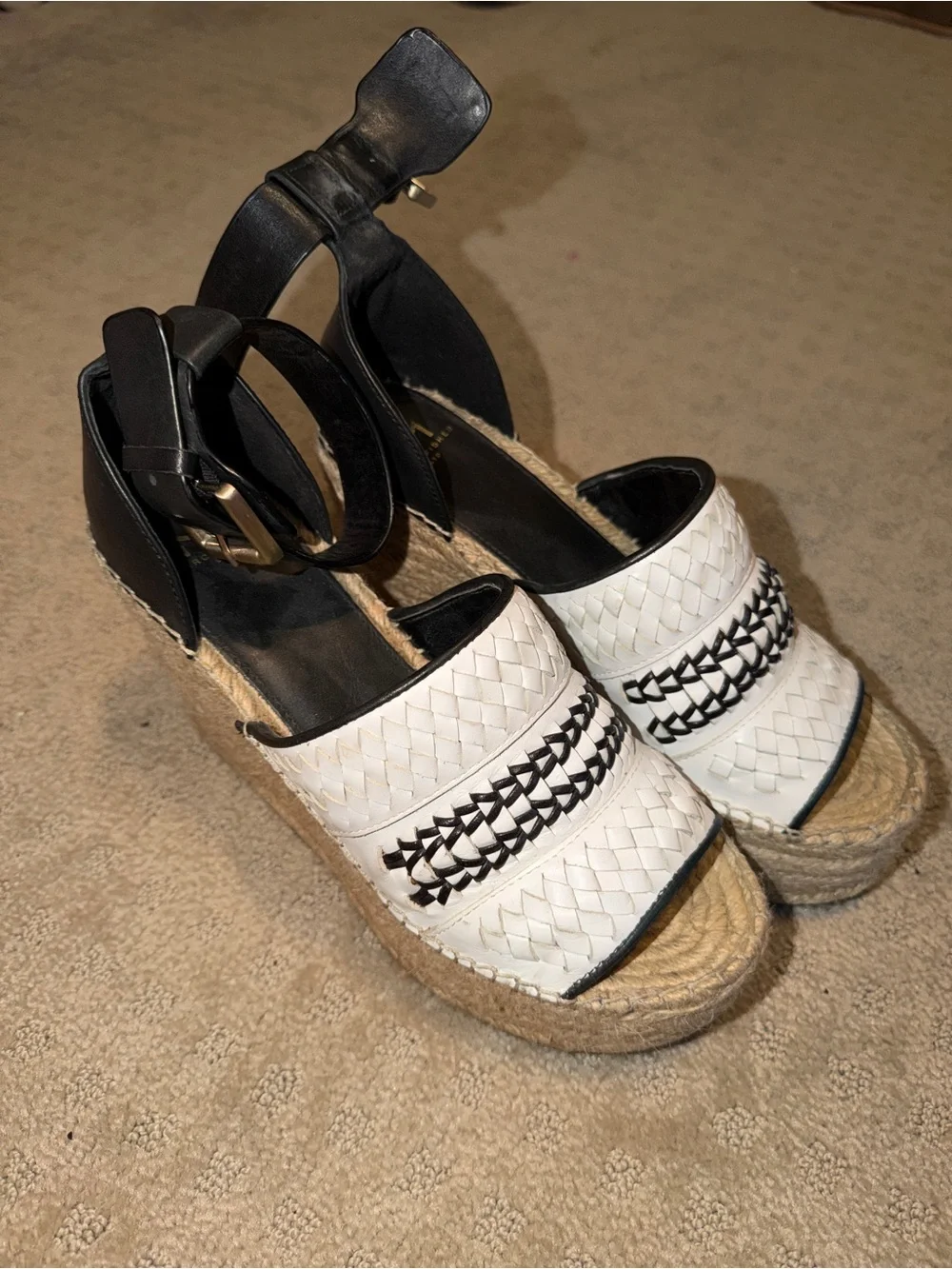 Marc Fisher White and Black Leather Espadrille Wedge Sandals